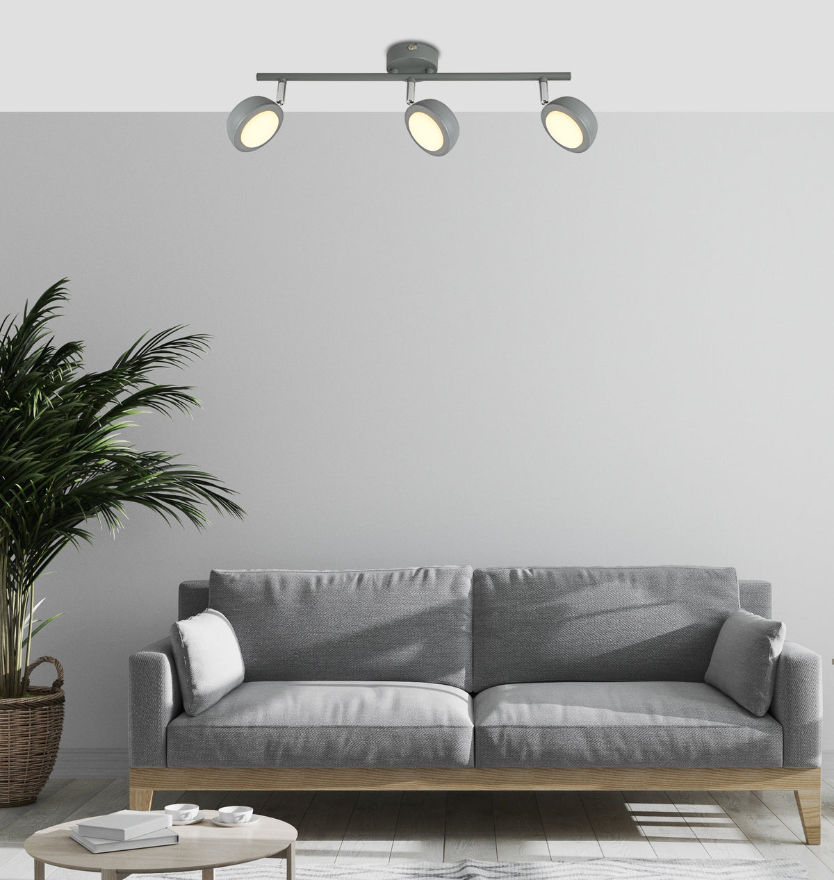 Mise en ambiance du plafonnier installé au plafond dans un salon gris avec canapé et plante.