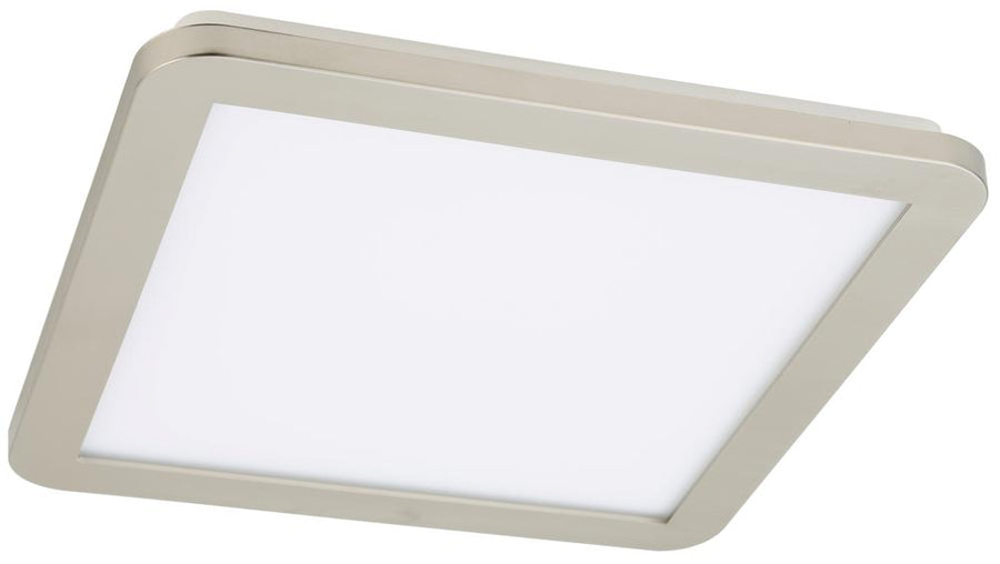 Plafonnier LED rectangulaire vu de biais, cadre nickel satiné et diffuseur blanc opalin