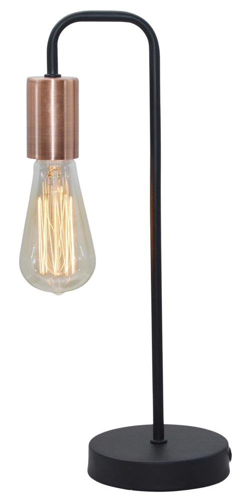Lampe à poser noire sur fond blanc, bras courbé et douille cuivrée vue de face