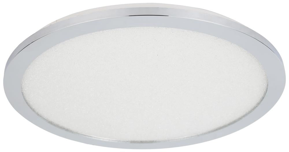 Vue de face du plafonnier rond, diffuseur granuleux blanc et large cerclage chromé brillant