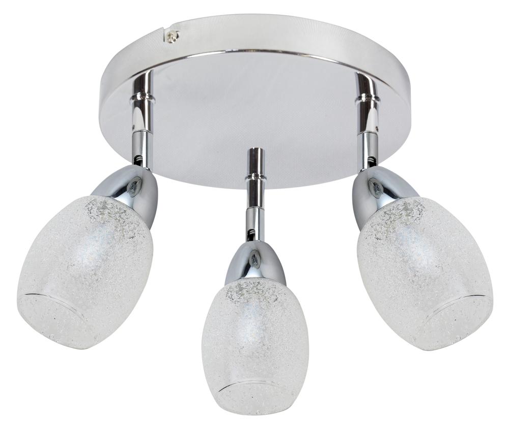 Plafonnier chromé à trois spots orientables avec diffuseurs en verre texturé, vue de face.