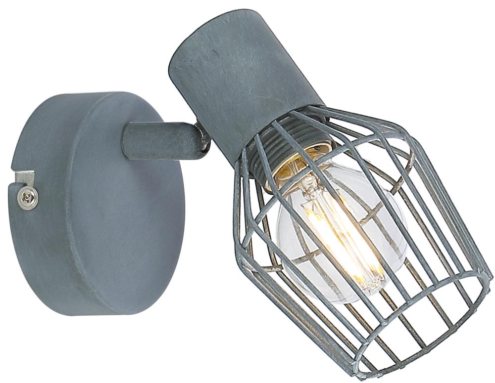 Vue de face sur fond blanc de l'applique grise avec cage métallique et ampoule