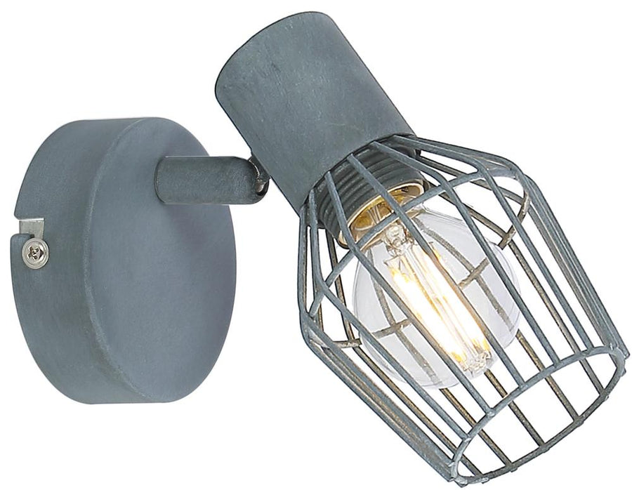 Vue de face sur fond blanc de l'applique grise avec cage métallique et ampoule