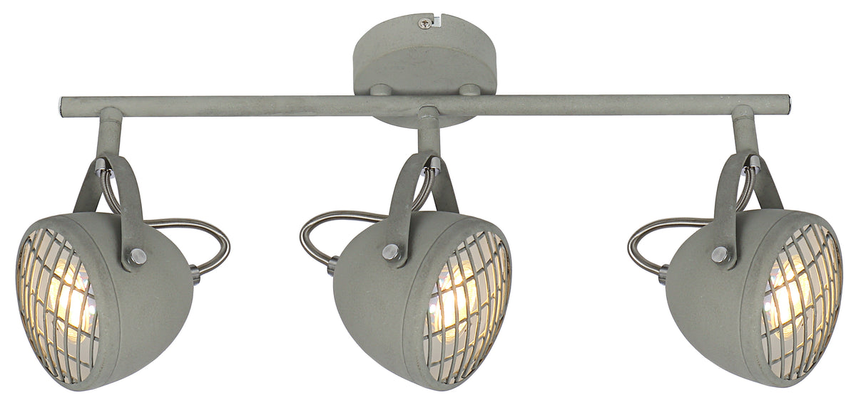 Luminaire gris à trois spots orientables avec grilles, présenté de face sur fond blanc.
