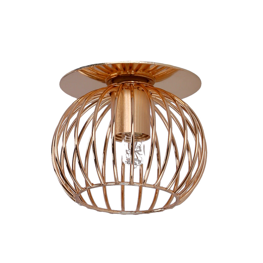 Luminaire doré sphérique en fil métallique, vue de face sur fond blanc