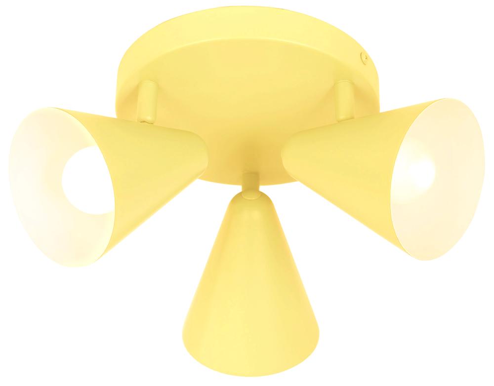 Version jaune du plafonnier trois spots orientables, vue de face sur fond blanc.