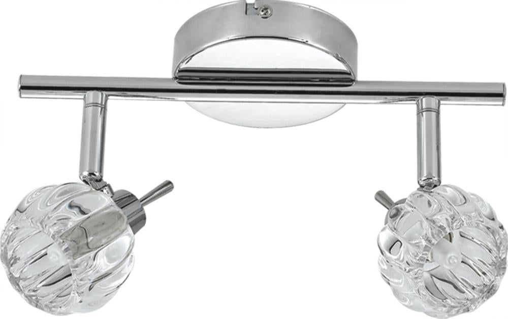 Plafonnier deux spots orientables chromés avec globes en cristal taillé, vue de face