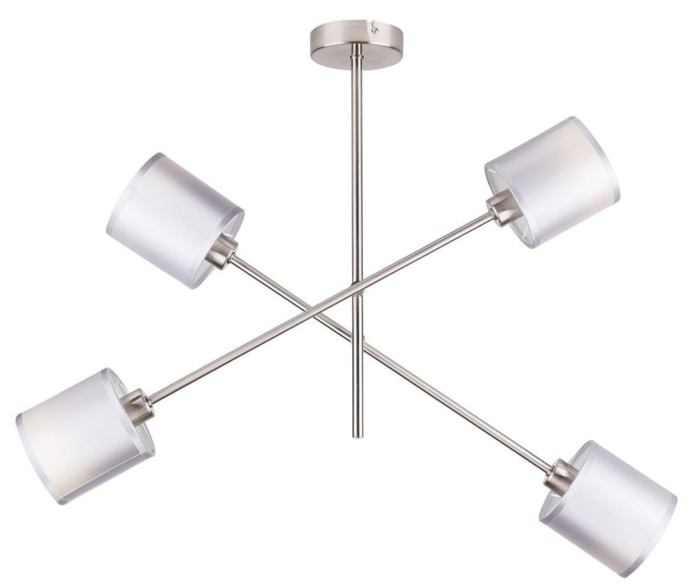 Suspension quatre lumières vue de face, bras croisés et abat-jours cylindriques en tissu