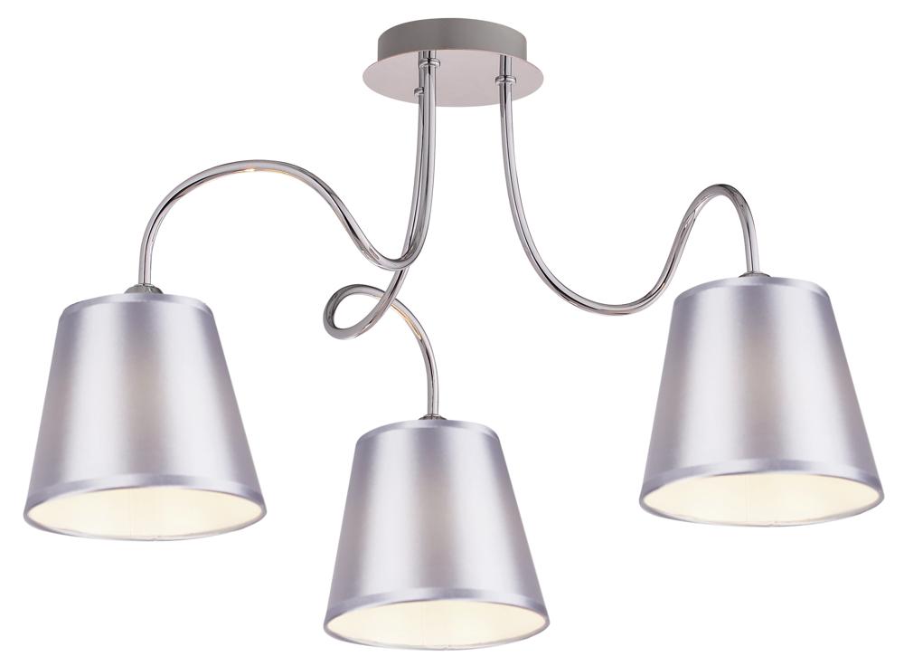 Vue de face du luminaire suspendu à trois abat-jours coniques en tissu et structure chromée.