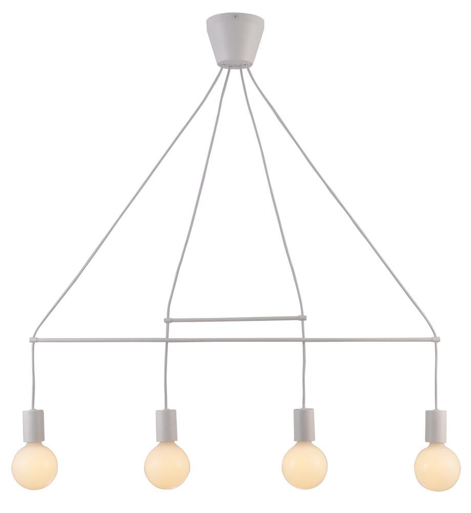Suspension blanche mate à quatre lumières, structure géométrique et ampoules rondes sur fond blanc.