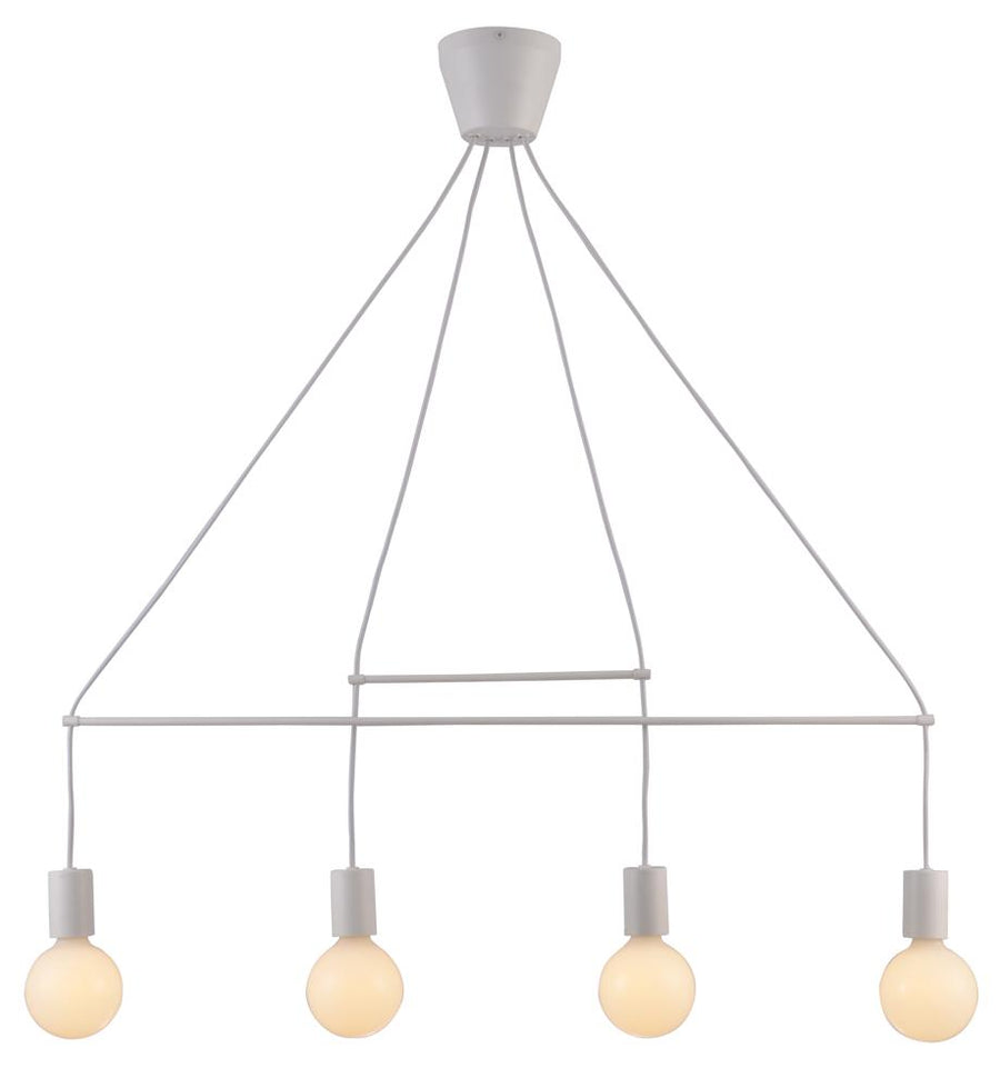 Suspension blanche mate à quatre lumières, structure géométrique et ampoules rondes sur fond blanc.