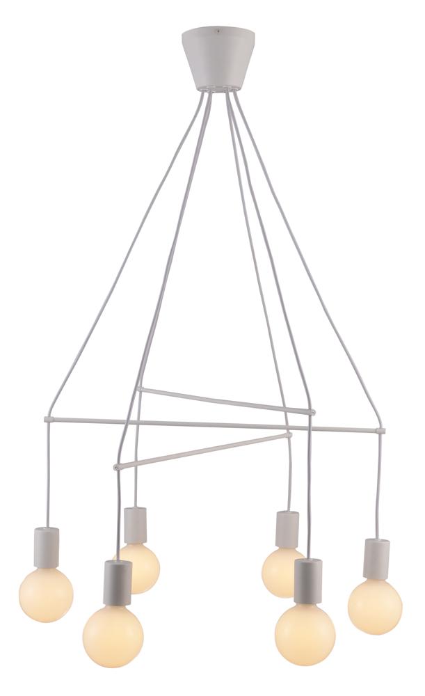 Suspension blanche mate à six ampoules globes suspendues, vue de face sur fond blanc