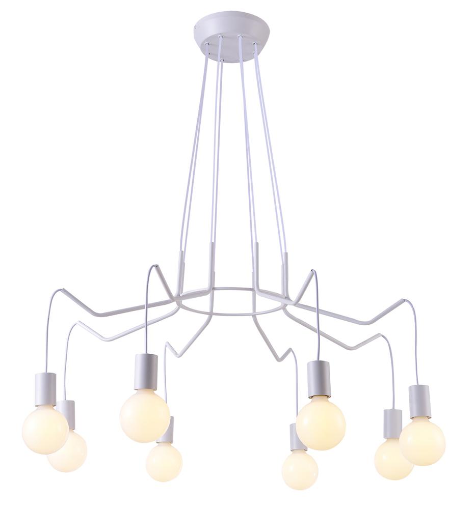Suspension blanche à huit lumières vue de face sur fond neutre
