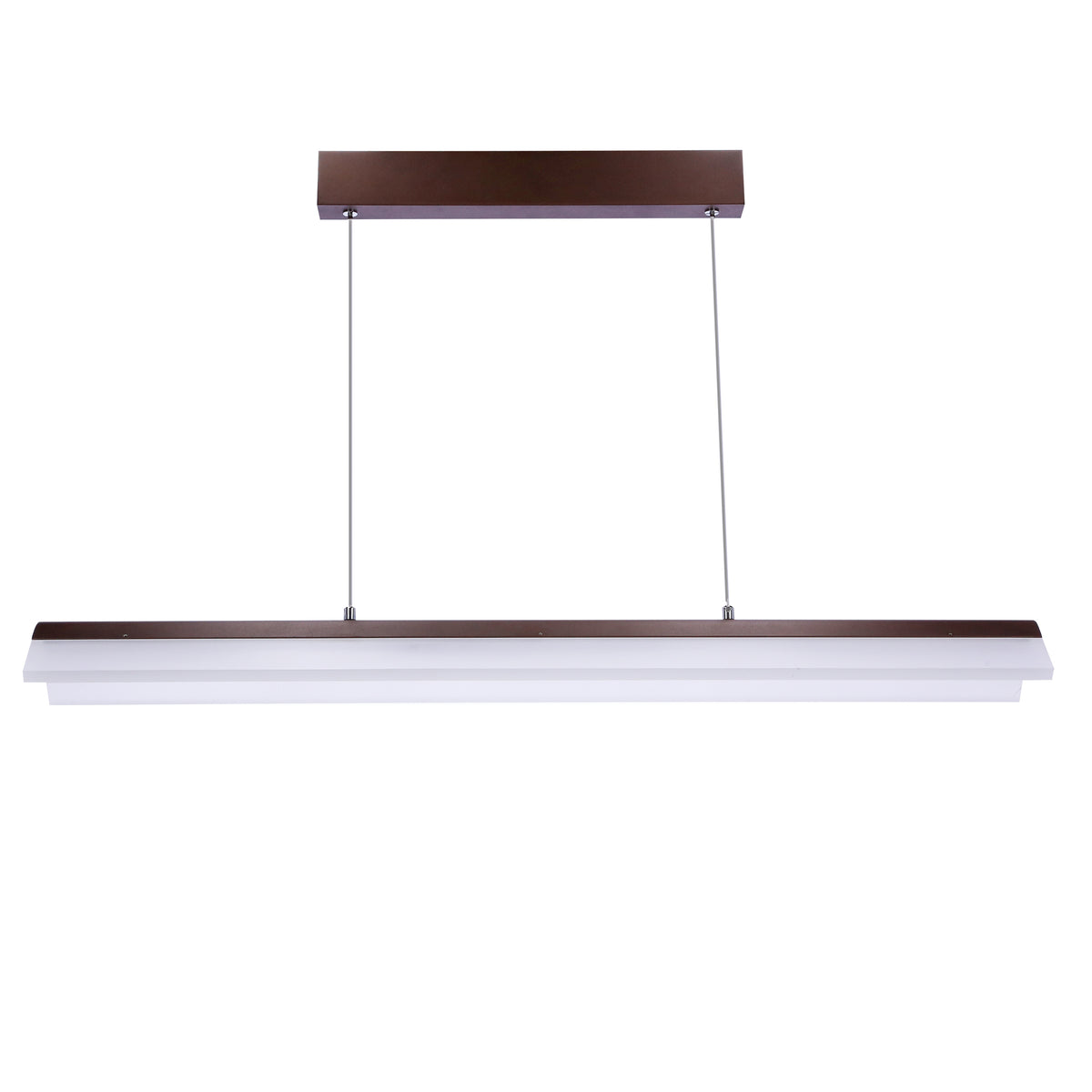 Suspension LED rectangulaire vue de face sur fond blanc, structure marron et diffuseur blanc.