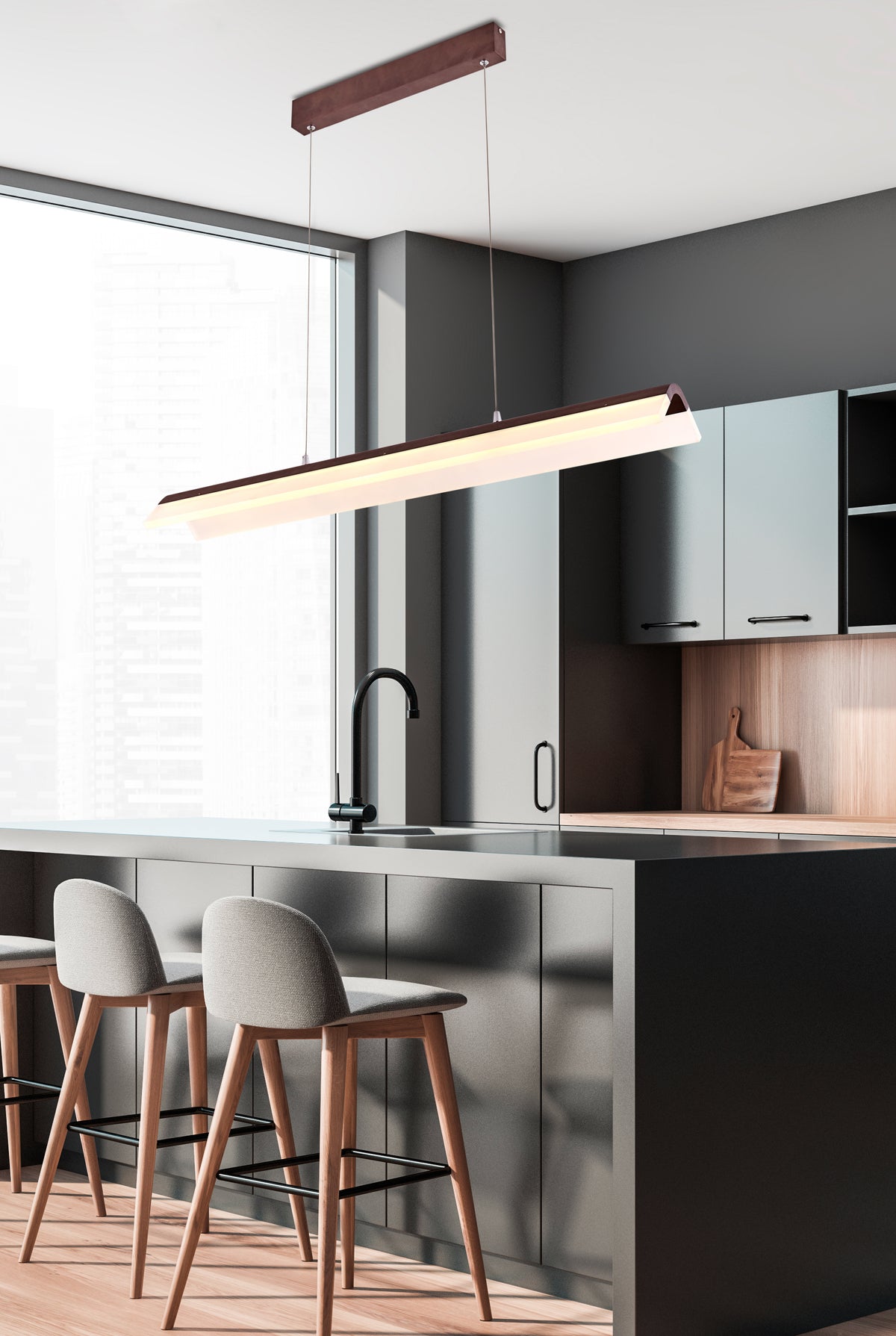 Mise en ambiance cuisine moderne avec suspension linéaire au-dessus d'un îlot central.