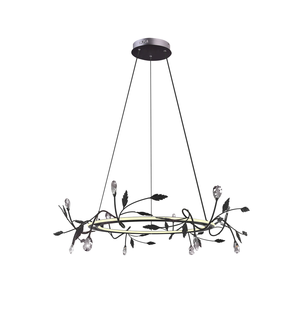 Luminaire suspendu noir avec anneau doré, branches, feuilles et gouttes transparentes.
