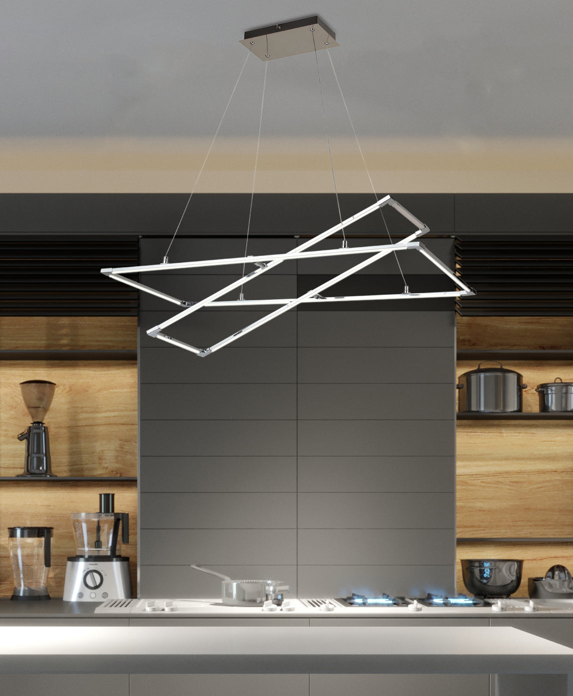Mise en ambiance cuisine moderne, suspension géométrique au-dessus de l'îlot central