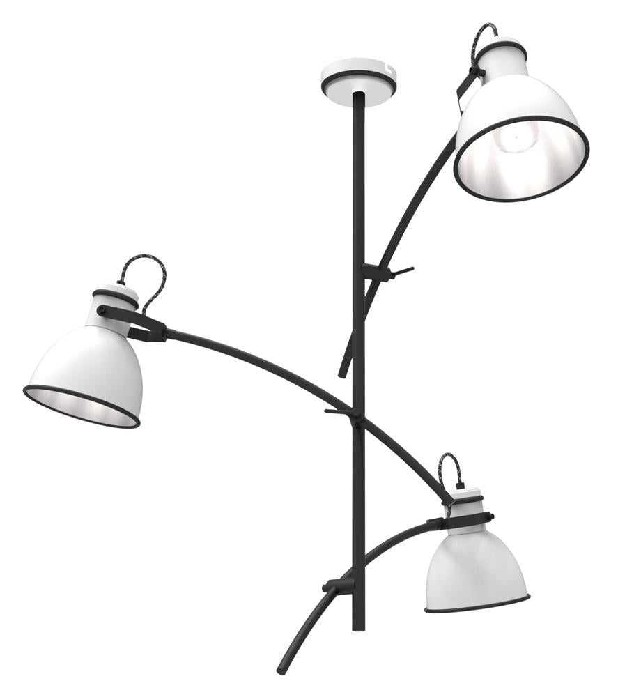 Produit de face sur fond blanc, suspension noire à trois bras courbes et coupelles blanches