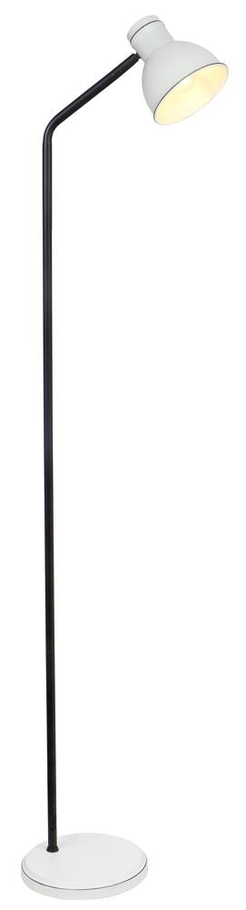 Lampadaire vu de face sur fond blanc, pied fin noir et abat-jour blanc
