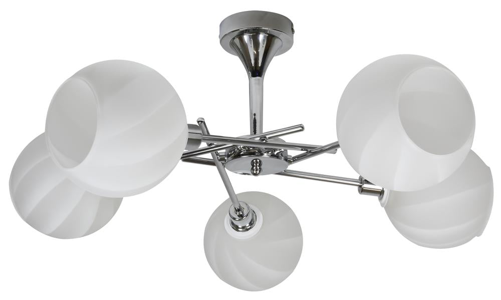 Vue de face du luminaire chromé avec ses cinq diffuseurs en verre blanc