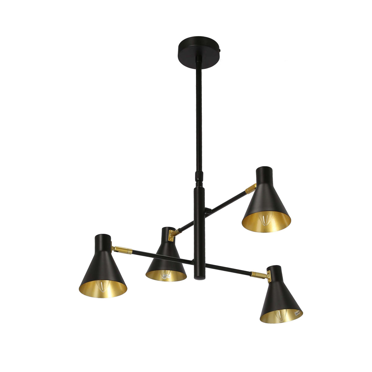 Vue de trois quarts du luminaire, détails laiton et abat-jour coniques dorés