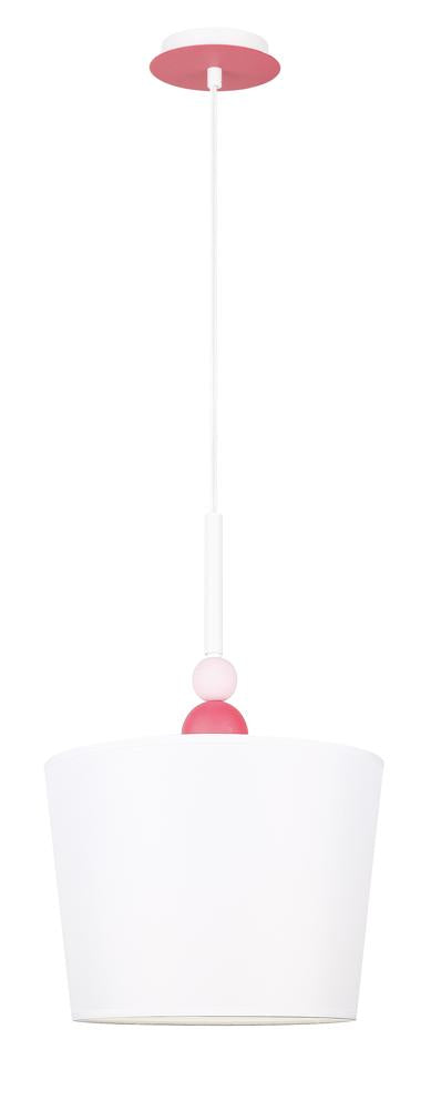 Suspension blanche en tissu vue de face, câble et détails rose bonbon
