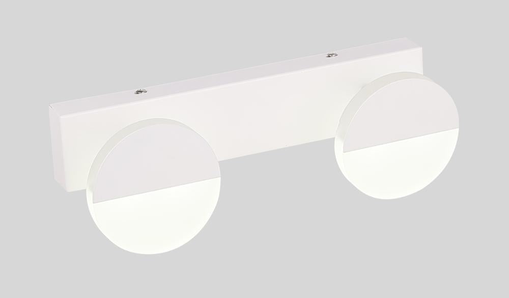 Vue de face du bandeau blanc avec deux diffuseurs ronds allumés, fond gris neutre
