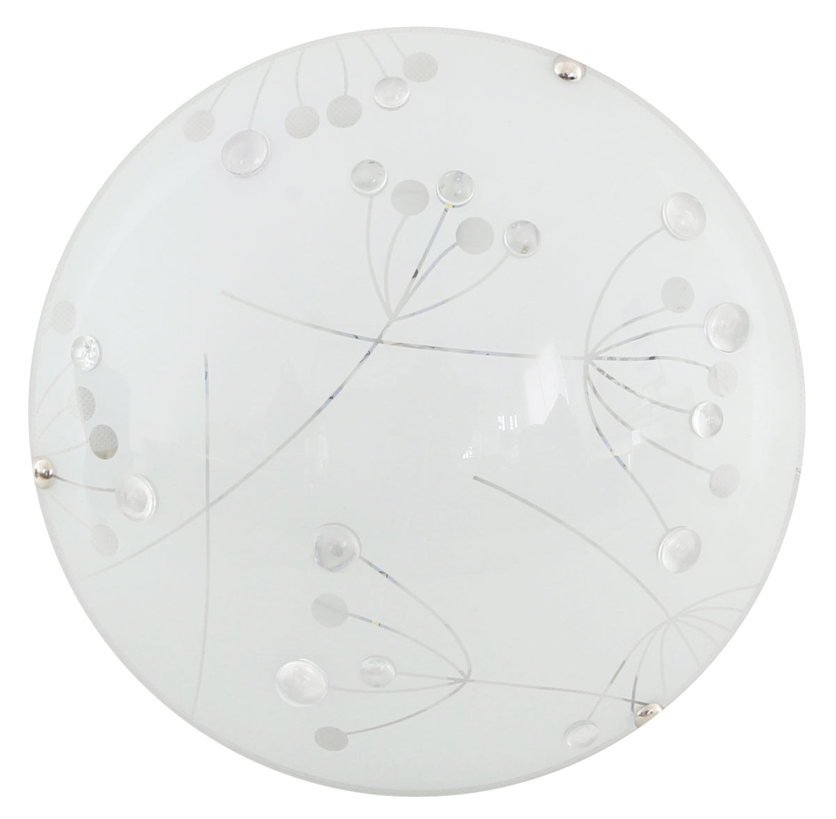 Vue de face du plafonnier rond en verre blanc, décor floral de bulles translucides