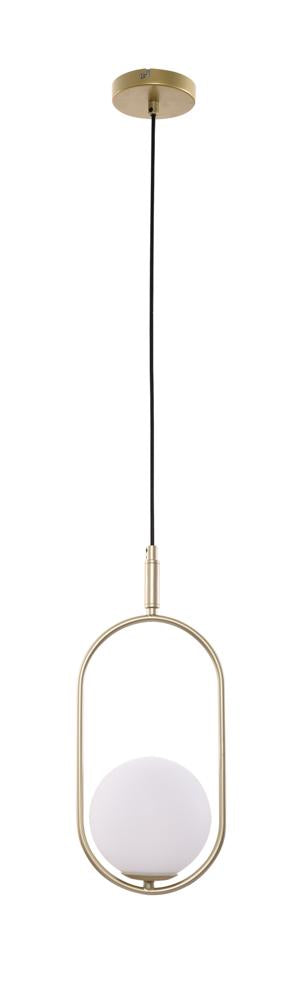 Vue de face du luminaire sur fond blanc, cadre laiton et globe en verre opalin
