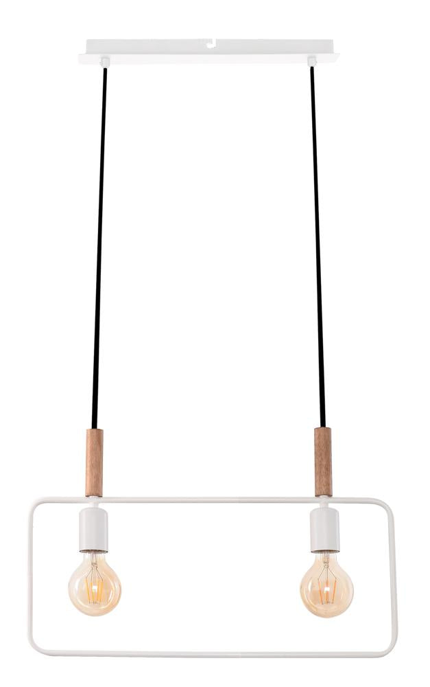 Suspension blanche à cadre rectangulaire, deux ampoules et détails en bois, sur fond blanc.
