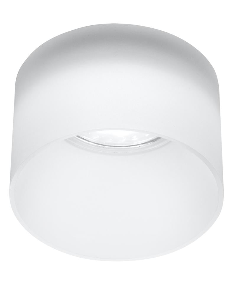 Spot plafonnier cylindrique en verre givré blanc, vu de face sur fond neutre