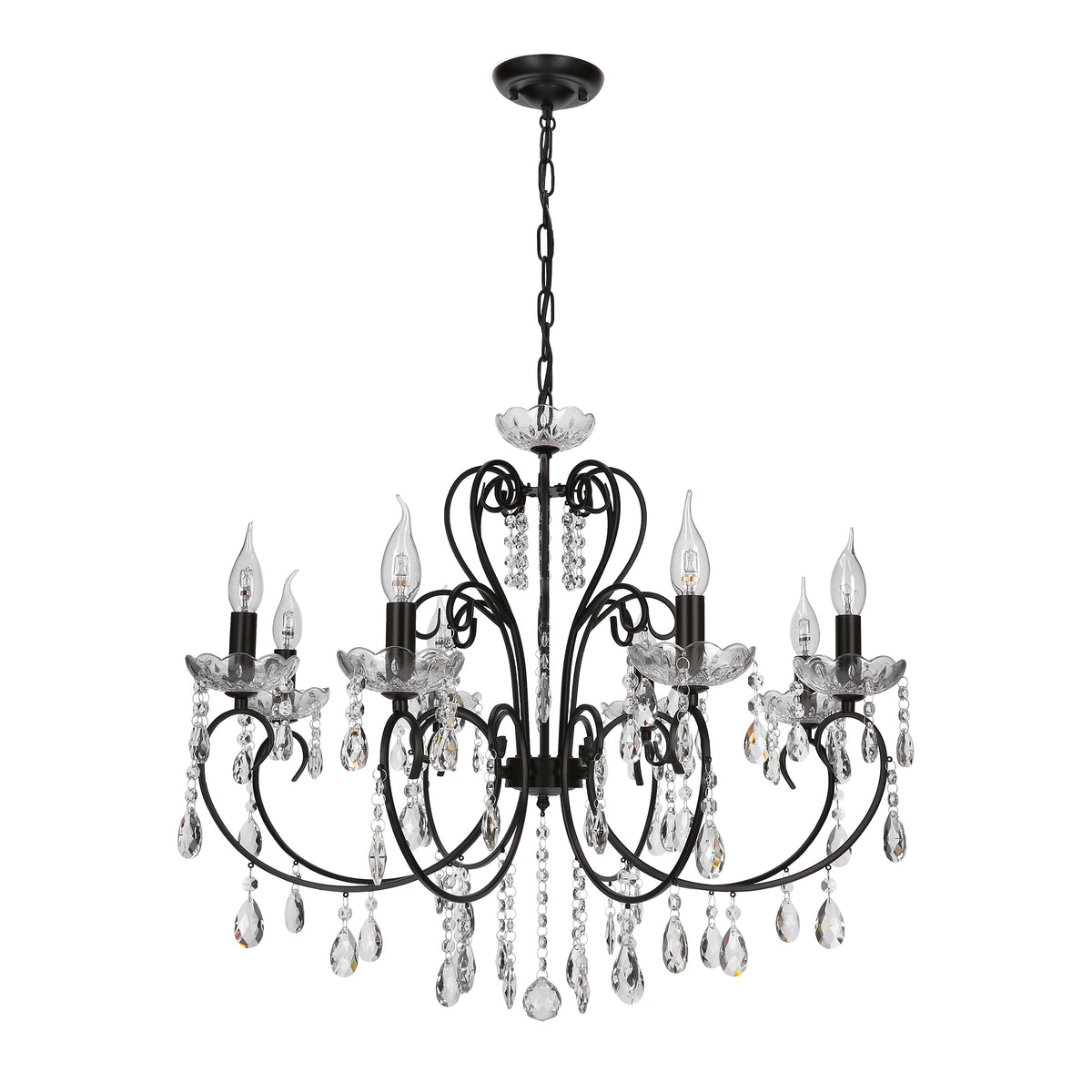 Lustre suspendu noir à huit bras, cristaux en verre, présenté de face sur fond blanc.