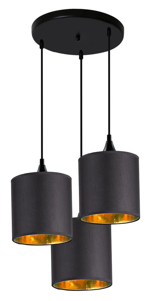 Suspension noire à trois abat-jours cylindriques en tissu, intérieur doré, fond blanc
