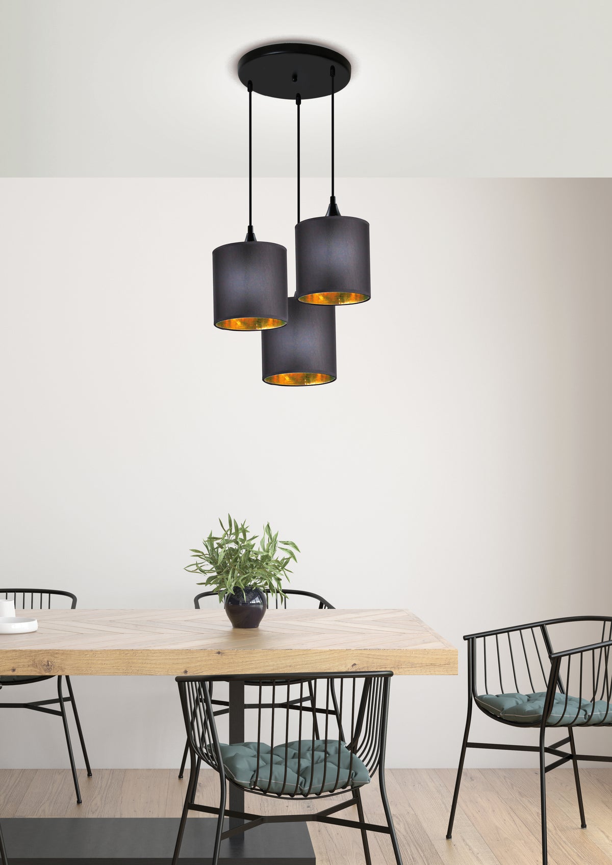 Mise en ambiance au-dessus d'une table en bois clair avec chaises noires et plante verte