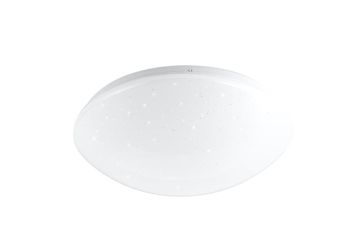 Vue de face du plafonnier blanc sur fond neutre, révélant l'effet ciel étoilé