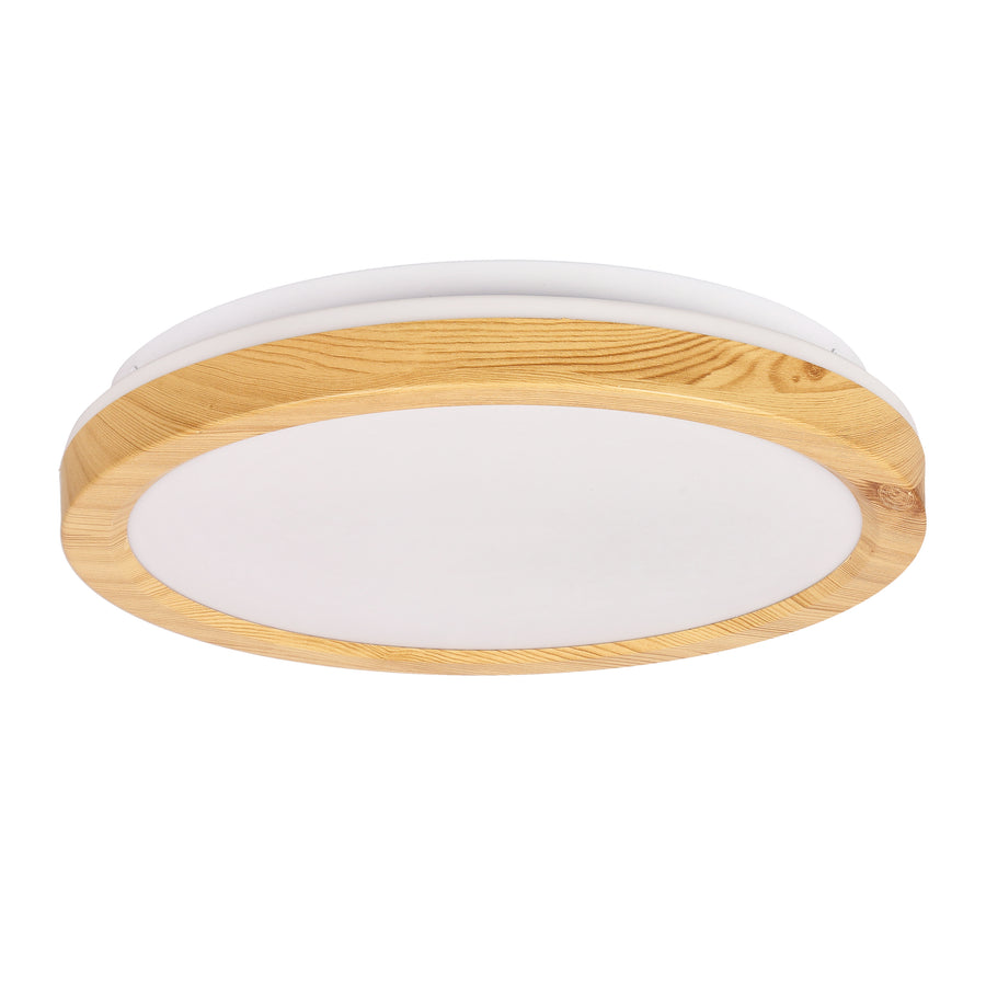 Plafonnier LED rond blanc et bois, vue de face sur fond blanc