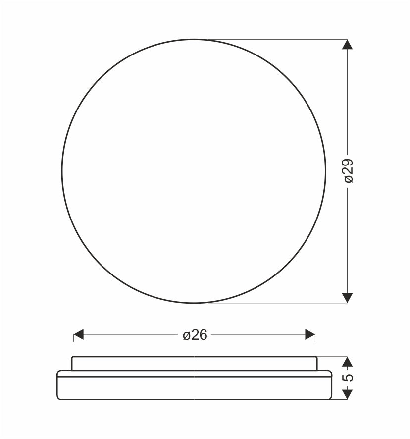 Schéma technique coté du plafonnier rond : diamètre 29 cm et épaisseur 5 cm