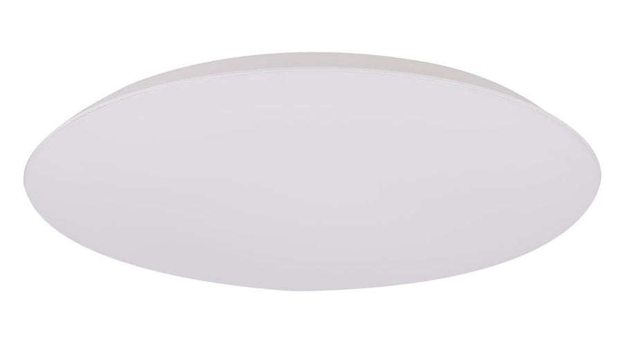 Vue de face du plafonnier rond blanc sur fond blanc, diffuseur opale uniforme