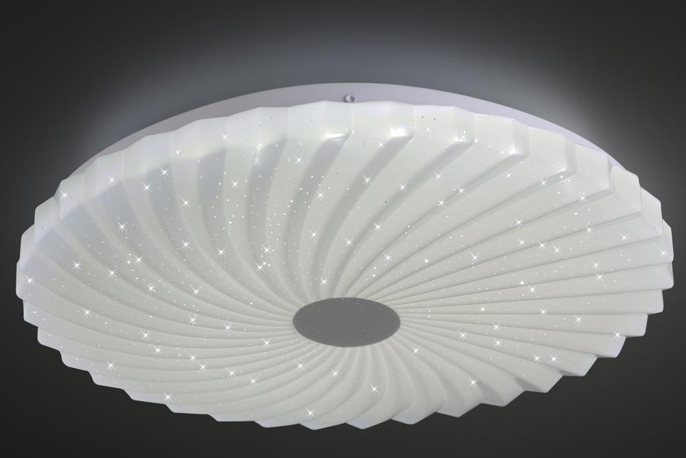 Plafonnier LED blanc vu de face, plissé rayonnant, points scintillants et disque central sombre