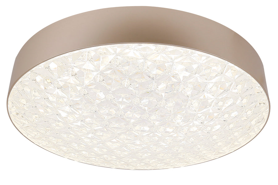 Plafonnier allumé diffusant une lumière blanche à travers le verre facetté