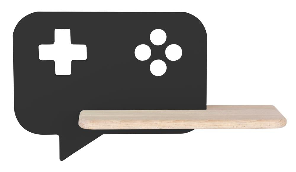Vue de face de l'applique noire avec étagère en bois, fond blanc