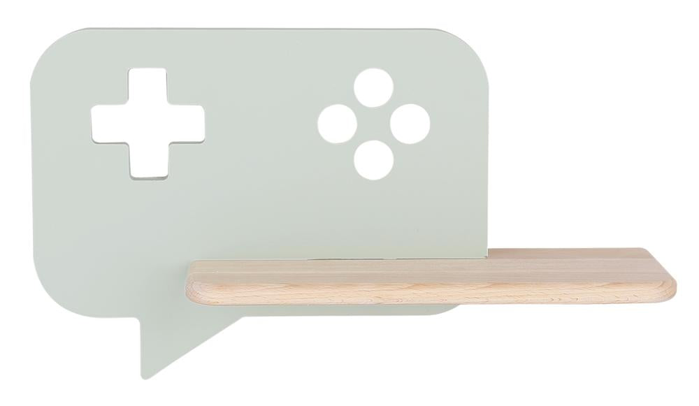 Vue de face de l'applique vert d'eau avec étagère en bois sur fond blanc