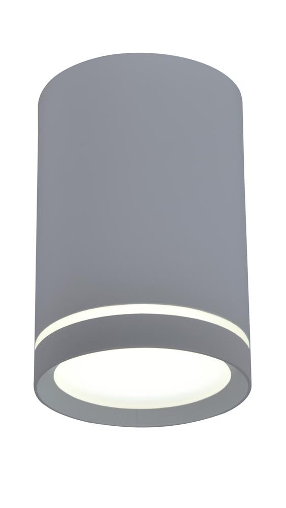 Suspension tube grise de face sur fond blanc, anneau lumineux et diffuseur visibles