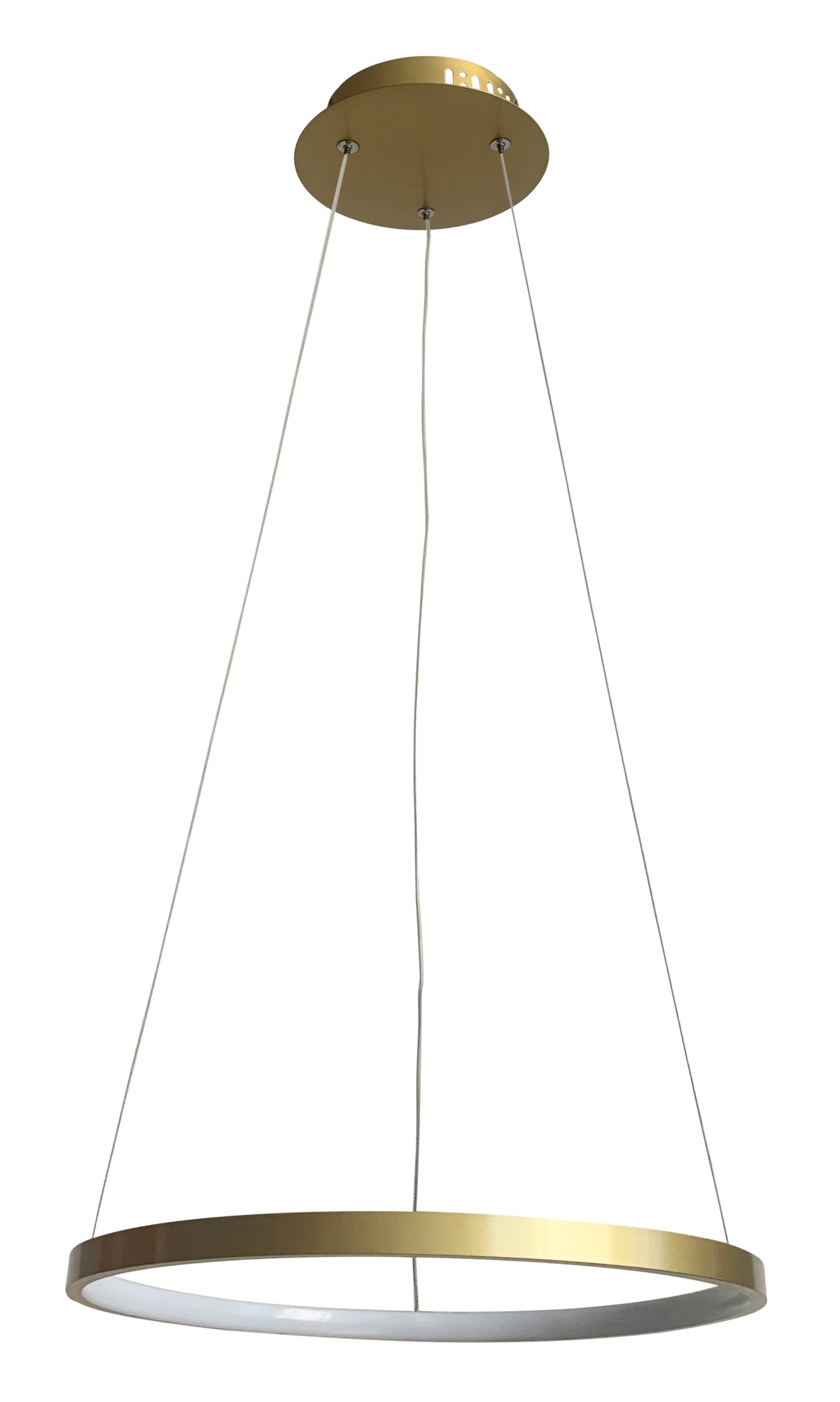 Suspension anneau doré vue de face, câbles fins et diffuseur blanc, fond neutre