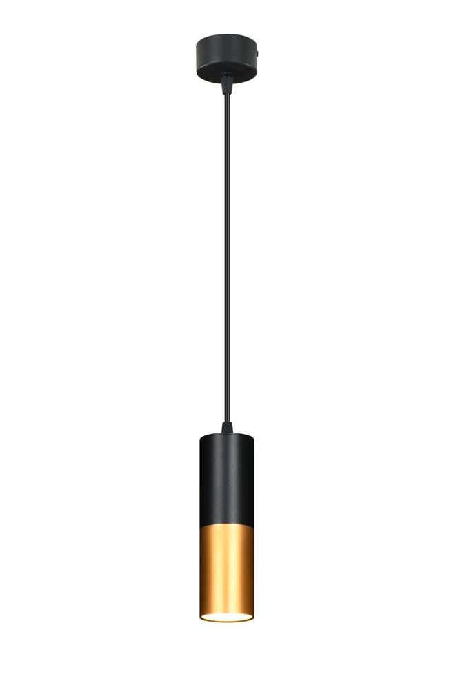 Suspension cylindrique noire et dorée vue de face sur fond blanc, câble réglable