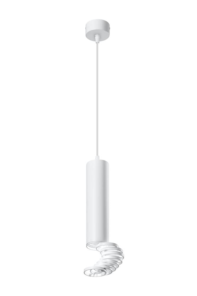 Suspension blanche à corps cylindrique et spirale ajourée, vue de face sur fond blanc