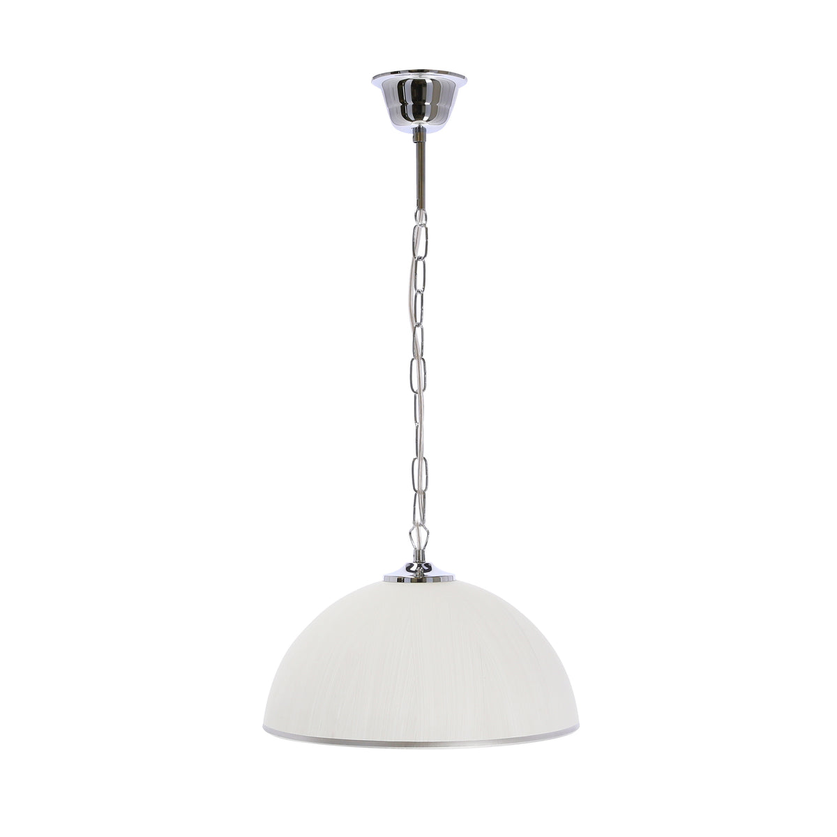 Vue de face de la suspension blanche en verre, finition chromée et chaîne apparente.