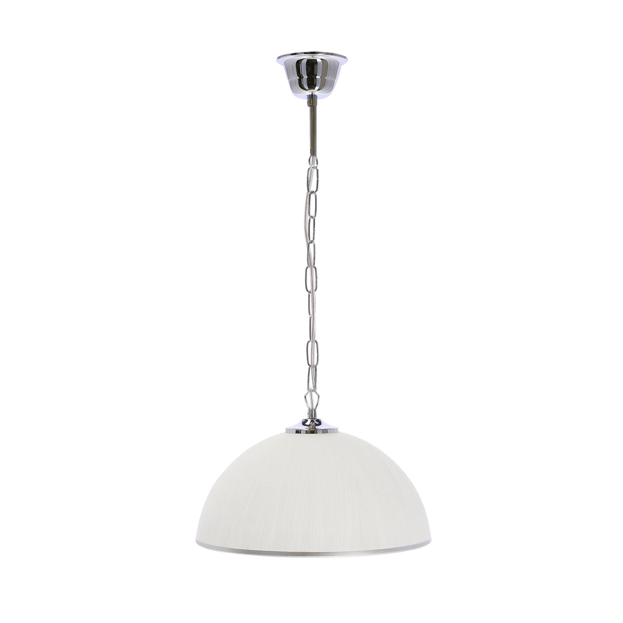 Vue de face de la suspension blanche en verre, finition chromée et chaîne apparente.