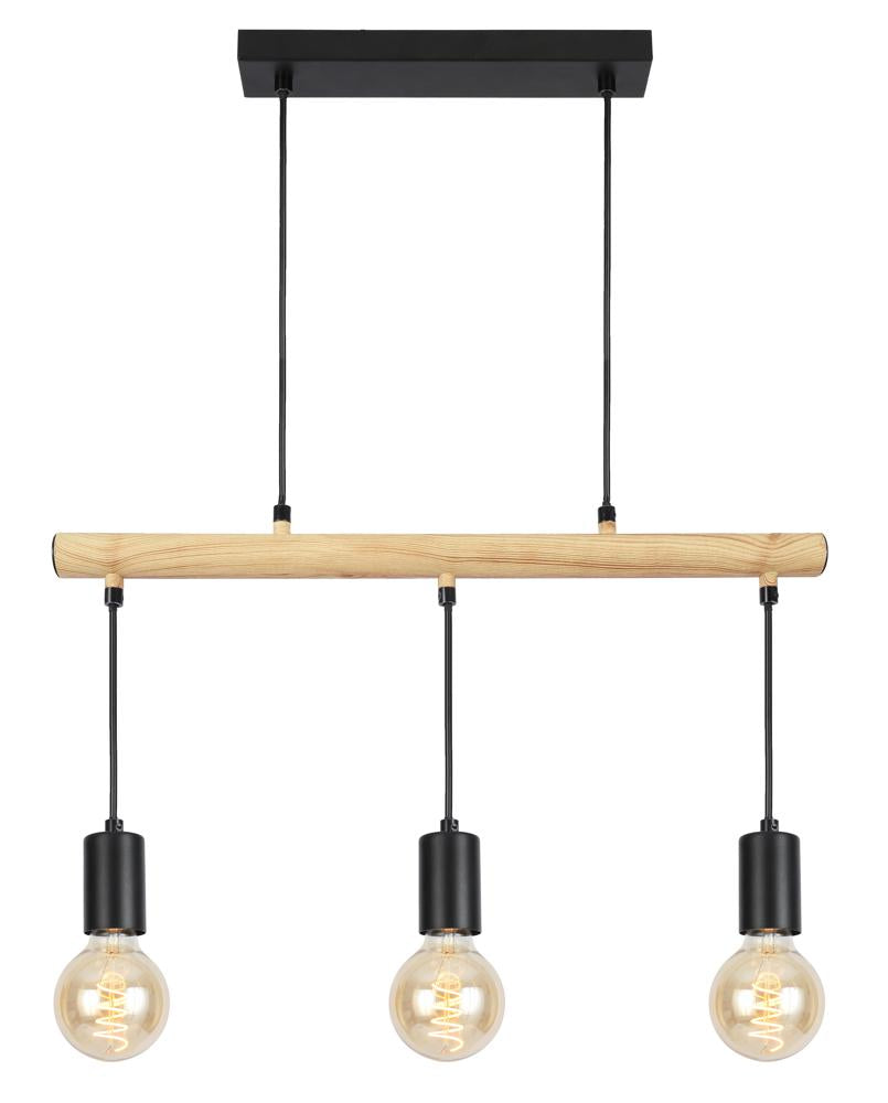 Version noire du luminaire suspendu, trois ampoules rondes visibles sur fond neutre