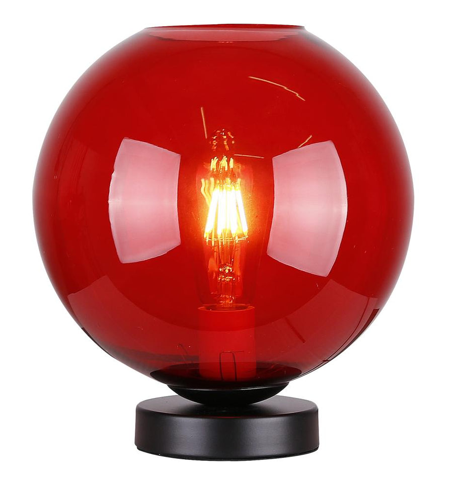 Version rouge translucide du globe, culot et socle noir visibles de face